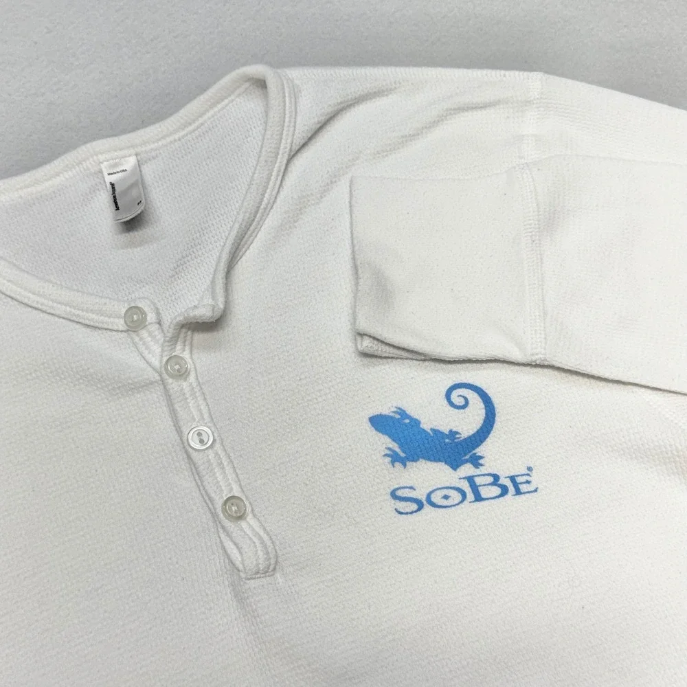 SoBe American Apparel Henley Mens Shirt Medium White Waffle Knit USA VTG